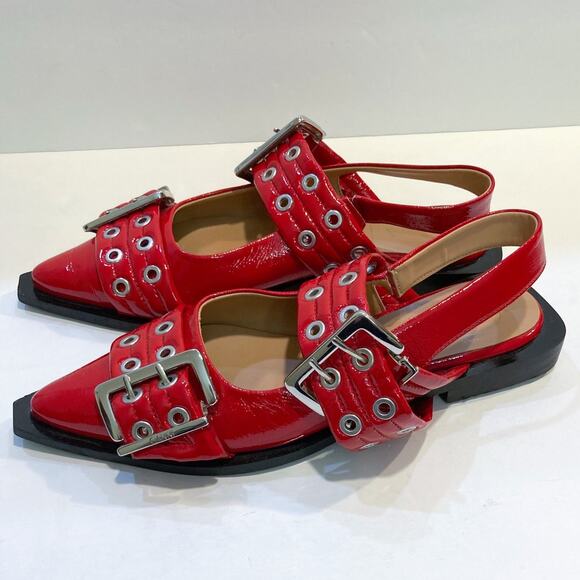 Ganni Red Buckle Ballerina Flats - Picture 5 of 10